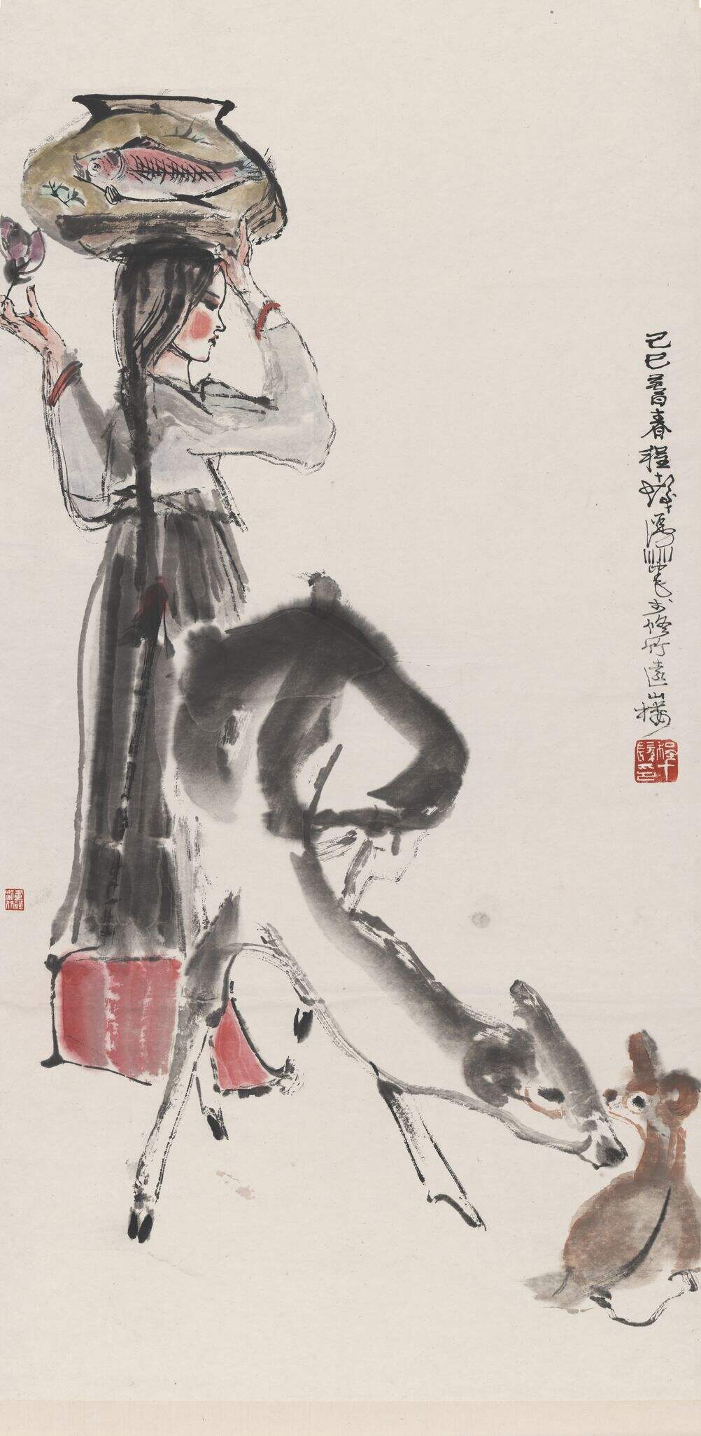 少女双鹿图轴缩略图